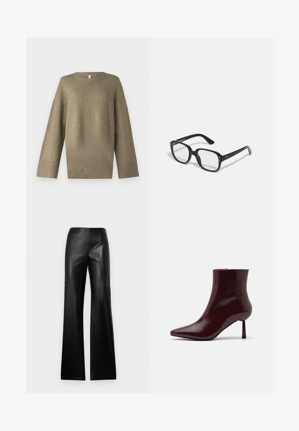 Olivno zeleni pleteni pulover z okroglim izrezom, spuštenimi rameni in rebrastimi manšetami. Tkanina se zdi mehka z diskretnimi teksturami.; Črne usnjene hlače s širšim krojem in gladko teksturo, z visokim pasom in preprostim dizajnom, ki se na vrhu zožijo in se proti robu širijo.; Burgundska patentna kožna gležnjarja s koničastim nosom in ozko špicasto peto, s gladko, sijočo teksturo in minimalističnim dizajnom.; Črne pravokotne očala z prozornimi lečami, z zaobljenimi robovi in stranskimi dodatki, z gladkim finišem na okvirju in ročajih.