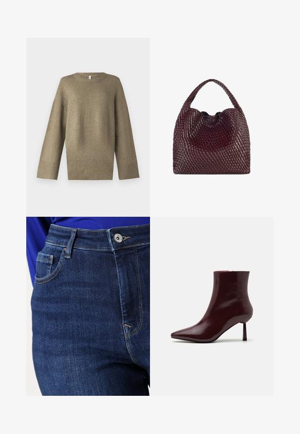 Olive green knit sweater with a rounded neckline, dropped shoulders, and ribbed cuffs. The fabric appears soft with subtle texture detail.; Denim jeans in a dark blue hue with a classic five-pocket design, featuring light contrasting stitching and a front button closure.; Burgundy patent leather ankle boot with a pointed toe and a slim stiletto heel, featuring a smooth, glossy texture and minimalistic design.; Woven burgundy handbag with a rounded shape and a single handle, featuring a textured surface and an elastic drawstring closure.