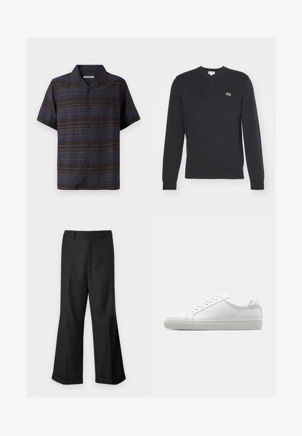 Juodas medvilnės trikotažo megztinis su V formos iškirpte, ilgomis rankovėmis ir riliniu apdaila. Pirmoje pusėje yra mažas žalias Lacoste logotipas.; Tamsiai mėlynos ir rudos spalvos trumpomis rankovėmis marškiniai su vertikaliomis juostelėmis, mygtukų užsegimu priekyje, smailiu apykakle ir lygiu audinio tekstūra.; Juodos plačios kelnės su mygtukų juosmeniu ir raukšlėmis, eksponuojamos prieš paprastą baltą foną.; Baltas sportinis batelis su lygiu odiniu paviršiumi ir žemu profiliu. Turi suapvalintą pirštą, šešis akių skyrius ir tekstūruotą gumos padą.