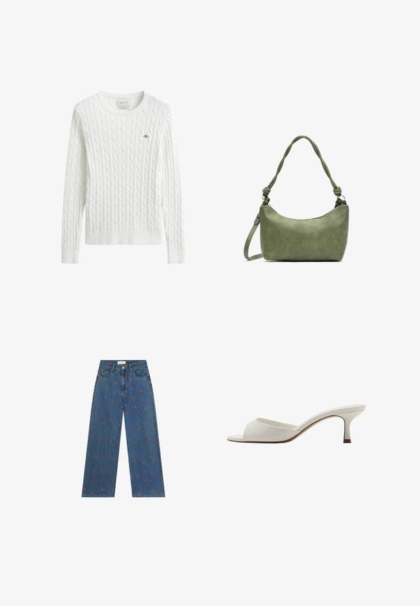 Weißer Strickpullover mit Rundhalsausschnitt, gerippten Bündchen und Saum, mit einem kleinen gestickten Logo auf der linken Brust.; Breite blaue Denim-Jeans mit gestickten floralem Mustern in Orange und Weiß, mit einem Knopfverschluss und Vorderaschen.; Weiße, offene High-Heel-Mules mit glatter Oberfläche, minimalistischer Gestaltung und schlankem Absatz, ausgestattet mit einem subtilen braunen Akzent auf der Sohle.; Grüne Lederhandtasche mit glatter Textur, gebogenem Design und geflochtenem Griff. Verfügt über einen Reißverschluss und einen verstellbaren Riemen.