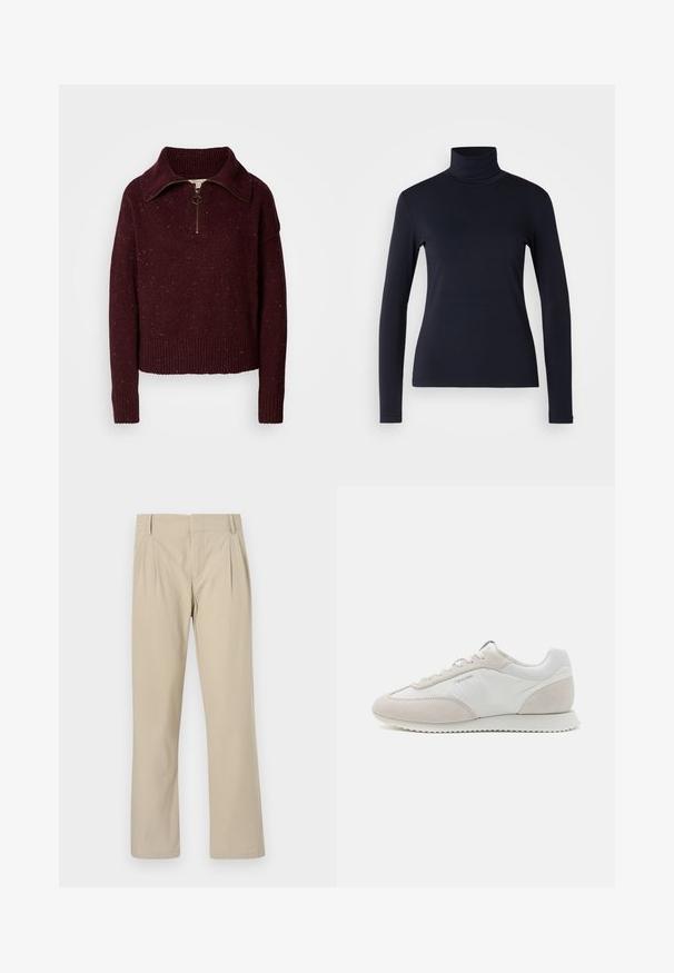 Pull en tricot bordeaux avec un col montant, fermeture éclair quart de zip, poignets et ourlet côtelés, présentant une texture mouchetée pour un détail supplémentaire.; Haut à col roulé bleu marine à manches longues. Fabriqué en tissu doux avec une texture lisse. Présente un design ajusté et un col haut sans coutures visibles.; Pantalons larges beige en mélange de coton ; avec plis à l'avant, coupe droite et passants de ceinture. Texture lisse, sans motifs.; Baskets de couleur claire comportant un mélange de cuir blanc et de daim beige, avec une semelle texturée et un branding minimaliste sur le côté.