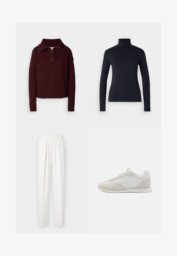 Bordeaux gebreid sweater met opstaande kraag, kwart ritssluiting, geribde manchetten en zoom, met een gespikkelde textuur voor extra detail.; Marineblauwe coltrui met lange mouwen. Gemaakt van zachte stof met een gladde textuur. Heeft een aansluitend ontwerp en een hoge kraag zonder zichtbare naden.; Witte elastische taillebroek met een rechte pasvorm, gemaakt van zachte stof en voorzien van subtiele plooien aan de voorkant voor extra textuur en ontwerpelement.; Lichtgekleurde sneakers met een mix van wit leer en beige suède, met een textuurzool en minimale branding aan de zijkant.