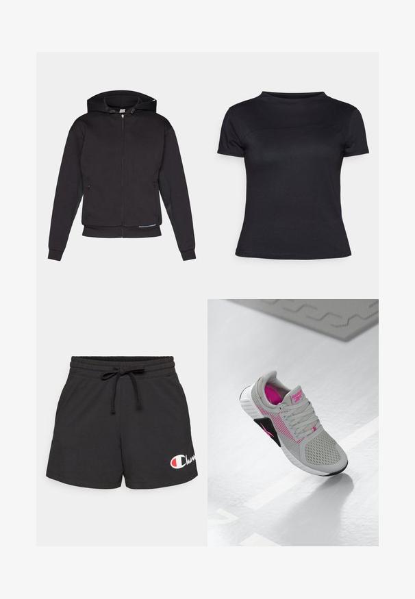 Musta vetoketjullinen huppari, jossa on vuorattu huppu, etutaskut, ribbikuvioidut hihansuut ja suora helma. Valmistettu pehmeästä, paksusta kankaasta, jossa on mattapintainen rakenne.; Mustasa lyhythihainen T-paita, joka on valmistettu puuvillasekoitetusta kankaasta, jossa on pyöreä pääntie ja sileä tuntuma, ilman näkyviä logoja tai kuvioita.; Mustat puuvillahousut, joissa on joustava vyötärö ja nauhakuulokkeet. Alhaalla vasemmalla puolella valkoinen ja punainen logo. Sileä rakenne.; Harmaa ja vaaleanpunainen Reebokin urheilukenkä, jossa on verkotettu yläosa ja yksityiskohtainen pohja, esillä heijastavalla valkoisella pinnalla.