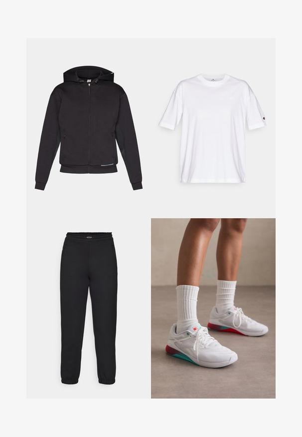 Sudadera con cremallera negra, con capucha forrada, bolsillos frontales, puños de canalé y dobladillo recto. Fabricada con una tela suave y gruesa de textura mate.; Camiseta de algodón blanca con cuello redondo, mangas cortas y un pequeño logo en el lado izquierdo del pecho. Presenta un corte holgado y un color sólido.; Champion C-TECH CUFFED PANTS INTERLOCK - Pantalones deportivos - black; Zapatillas deportivas blancas con una parte superior texturizada, acentos turquesas y un talón rojo. Usadas con calcetines blancos acanalados. Cuentan con cordones y marca.