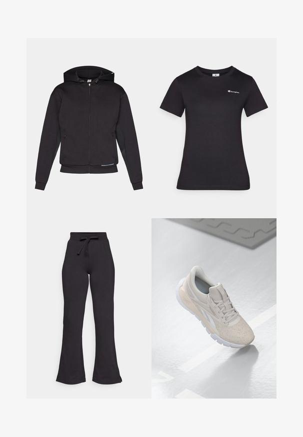 Schwarze Zip-Hoodie mit gefütterter Kapuze, Fronttaschen, gerippten Bündchen und geradem Saum. Hergestellt aus weichem, dickem Stoff mit matter Textur.; Schwarzes T-Shirt mit kurzen Ärmeln aus Baumwolle, mit einem kleinen gestickten Logo auf der Brust. Klassisches Rundhalsdesign mit weicher Textur.; Schwarze, weit geschnittene Sweatpants aus weichem Material, mit einem Bund zum Kordelzug und glatter Textur. Entworfen für Komfort und einfache Tragbarkeit.; Hellbeige Sportschuh mit einem perforierten Obermaterial, strukturierten Akzenten, gepolstertem Schaftrand und weißer Gummisohle, entworfen für Komfort und Atmungsaktivität.