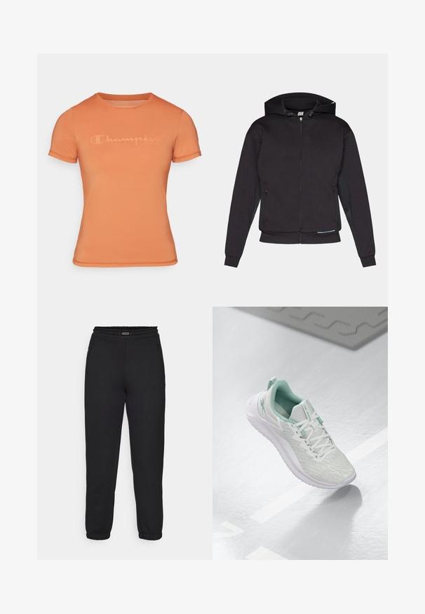 Sort zip-up hoodie med foret hætte, frontlommer, ribbede manchetter og lige kant. Lavet af blødt, tykt stof med en matte tekstur.; Kortærmet orange t-shirt lavet af glat stof, med et diskret præget "Champion" logo på forsiden og rund halsdesign.; Champion C-TECH CUFFED PANTS INTERLOCK - Træningsbukser - black; Lys grå sportsko med en struktureret strikket overdel, mintgrønne accenter, hvide snørebånd, gummisål og en løkke ved hælen.