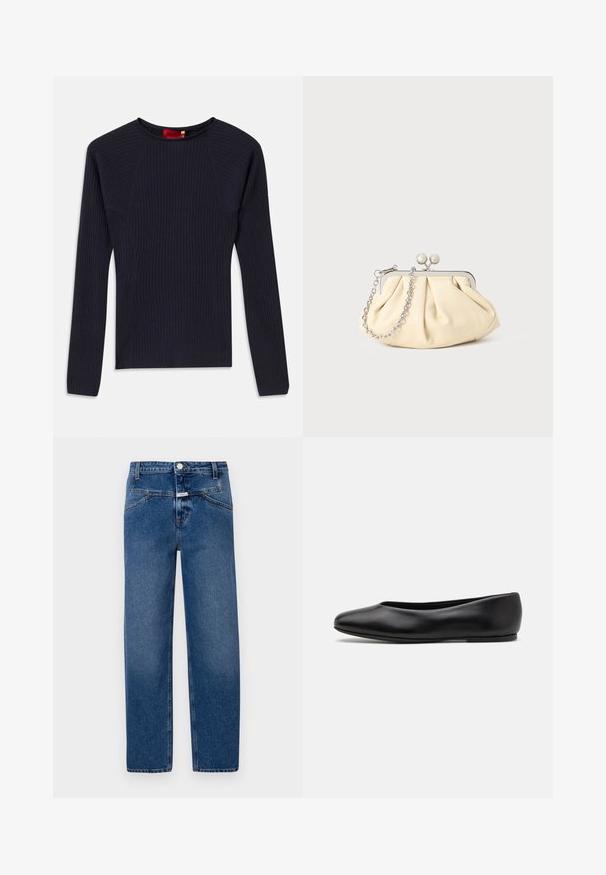 Suéter de punto de color azul marino, de manga larga, con cuello redondo y silueta ajustada.; Jeans de mezclilla azul con corte recto, cinco bolsillos, cierre de botón y cremallera, y un ligero desgaste para textura.; Paul Smith TOPANGA - Bailarinas - black; Clutch de cuero beige plisado con un marco de metal plateado, que cuenta con dos broches decorativos redondos y una correa de cadena plateada.
