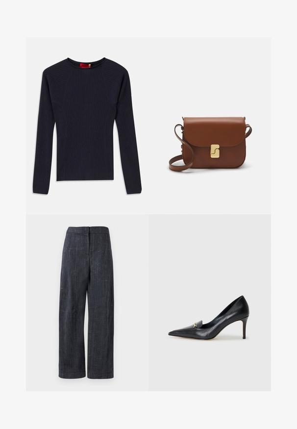Maglione a maniche lunghe a coste di colore blu navy con scollo rotondo e silhouette aderente.; Pantaloni grigi scuri a gamba larga con una sottile trama testurizzata, vita alta e chiusura anteriore nascosta.; Décolleté in pelle nera con punta affusolata, scollatura bassa e un accento decorativo dorato. Presenta un tacco a stiletto e una superficie liscia.; Borsa a tracolla in pelle marrone con chiusura a pattina, hardware color oro, tracolla e una finitura liscia. Forma rettangolare compatta.