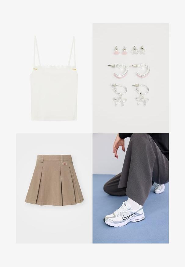 Donkerblauwe sweatshirt gemaakt van zachte stof, met een ronde hals, lange mouwen en een grafisch "Nike Sportswear" logo op de voorkant.; Witte camisole met dunne bandjes, voorzien van een golvende kantenkraag en een kleine bloemenaccent aan de zijkant. Gladde textuur, eenvoudig ontwerp.; Beige geplooide rok gemaakt van een gestructureerde stof. Voorzien van een tailleband met riemlussen en een logopatch aan de linkerzijde.; Witte en zilveren sport schoenen van mesh en synthetische materialen, met zwarte accentlijnen, veters en gestructureerde zolen.; Set van vier oorbellen: twee zilveren hoops met roze accenten, twee stud oorbellen in de vormen van een hart en een strik, allemaal met glanzende metallic afwerkingen.