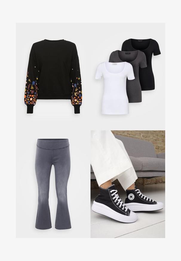 Črna dukserica s cvetličnim vezom v odtenkih modre, oranžne, rumene in rožnate na rokavih. Okrogla ovratnica in rebraste manšete.; Tri prilegla majica v beli, sivi in črni barvi. Vsaka ima širok izrez na vratu in kratke rokave. Narejene so iz gladkega, raztegljivega materiala.; Sive široke hlače s širokim pasom. Gladek material s rahlim leskom, ki se zgoraj blešči temneje in proti dnu postaja svetlejši.; Črni visoki supergi z belimi gumijastimi podplati in vezalkami. Na njih je okrogel logotip in kontrastno belo šivanje. Iz blaga platna.