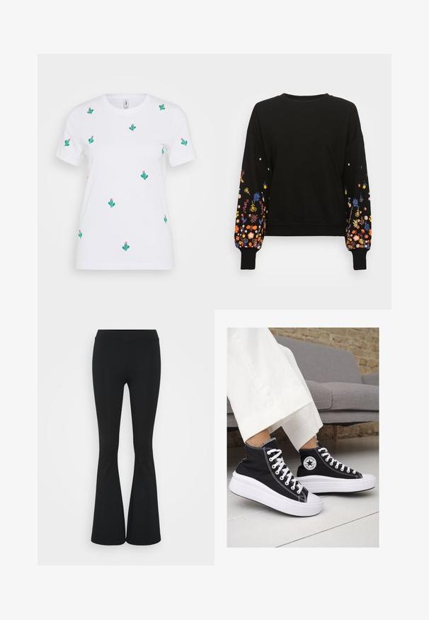 Μαύρη φόρμα με floral κεντήματα σε αποχρώσεις μπλε, πορτοκαλί, κίτρινο και ροζ στα μανίκια. Στρογγυλή λαιμόκοψη και ριμμένες μανσέτες.; Λευκό μπλούζα από βαμβάκι με κοντά μανίκια, διακοσμημένη με μικρά σχέδια από πράσινους κάκτους με ροζ λουλούδια, σε ομαλή διάταξη σε όλη την επιφάνεια.; Μαύρο φαρδύ παντελόνι από ελαστικό ύφασμα, με ψηλή μέση και λεία υφή. Το παντελόνι ανοίγει από το γόνατο.; Μαύρα καμβά sneakers με ψηλή φτέρνα, με λευκές καουτσούκ σόλες και κορδόνια. Διαθέτουν κυκλικό λογότυπο στο πλάι και εντυπωσιακή λευκή ραφή.