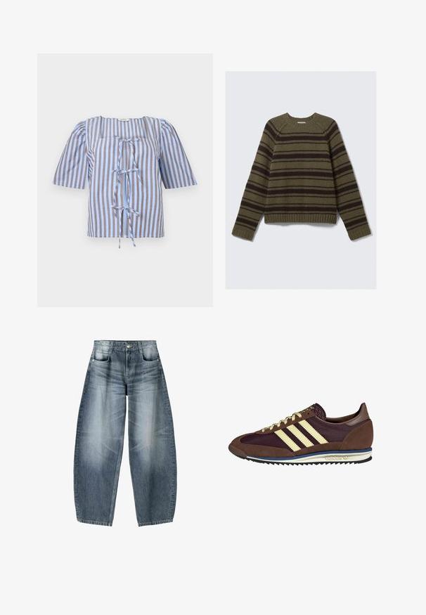 Olijfgroene en donkerbruine gestreepte trui van gebreid materiaal met textuur; heeft een ronde halslijn en ribgebreide manchetten en rand.; Blauw en bruin gestreept blouse met korte pofmouwen, vierkante halslijn en een strikdetail aan de voorkant. Gemaakt van lichtgewicht stof met een fijne textuur.; Wijd gesneden jeans van lichtblauwe denim met vervaging, met een vijf-pocket ontwerp, knoopsluiting en minimale stikdetails.; Bruine en bordeauxkleurige sneaker van suede en mesh materiaal, met drie crèmekleurige strepen, een gemêleerd stof op de tong en een rubberen zool.