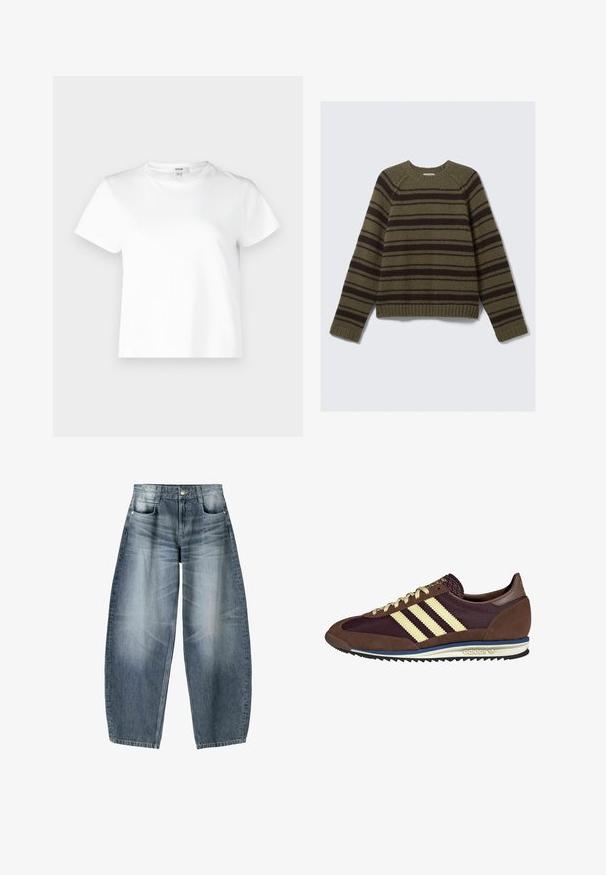 Olive green and dark brown striped sweater made of textured knit material; features a round neckline and ribbed cuffs and hem.; Agolde ADINE SHRUNKEN - Basic T-shirt - white; Wide-leg jeans made of light blue denim with fading, featuring a five-pocket design, button fly, and minimal stitching details.; Brown and burgundy sneaker with suede and mesh materials, featuring three cream stripes, textured fabric on the tongue, and a rubber sole.