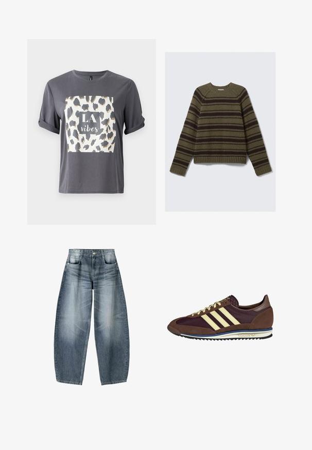 Olivno zelena in temno rjava črtasta pulover iz teksturirane pletene tkanine; ima okroglo ovratnico ter rebrasta manšeta in spodnji rob.; Siva majica s leopardjim vzorcem v zlati in črni barvi, na sprednjem delu v središču kvadrata pa je napis "LA vibes". Kratke rokave.; Široke kavbojke iz svetlo modrega denima s postopnim zbledeljem, z zasnovo petih žepov, gumbom za zapiranje in minimalnimi podrobnostmi šivanja.; Rjavi in rdeče-burgundske teniske iz usnja in mrežastega materiala, ki imajo tri smetane stripe, teksturirano blago na jeziku in gumijast podplat.