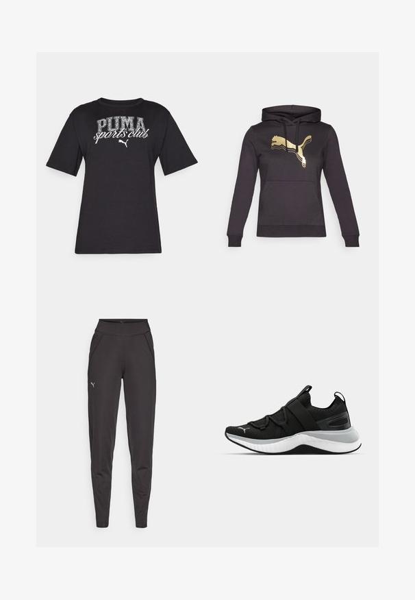 Čierna mikina s kapucňou, dlhými rukávmi a prednou vreckom. Obsahuje zlaté logo Puma a kontrastné pruhy na logu. Mäkká látka.; Čierne bavlnené tričko s krátkymi rukávmi. Obsahuje nápis "PUMA sports club" vytlačený bielymi a striebornými písmenami. Má okrúhly výstrih a štandardný strih.; Čierne športové legíny vyrobené z elastického materiálu, s vysokým pásom, bočnými vreckami a malým reflexným logom na ľavom stehne.; Čierne športové topánky s textúrovaným zvrškom, elastickými pásikmi a hrubou bielou medzipodrážkou. Obsahujú sivý akcent pozdĺž podrážky.