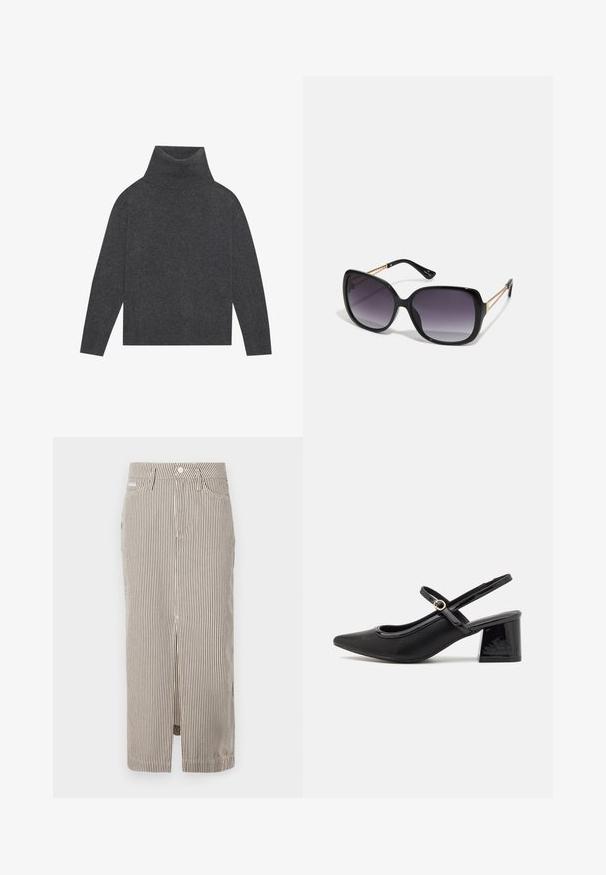 Pullover cinza de gola alta feito de um tricot suave e texturizado. Apresenta mangas longas e uma silhueta descontraída e larga, com bainha e punhos canelados.; Saia midi riscada em bege claro e castanho escuro, feita de algodão, com uma fenda frontal e passantes para cinto. Design clássico e corte ajustado.; Sabrinas de cerâmica preta com salto bloco, bico apontado e um design com recortes arredondados. Apresenta um detalhe em fivela de tom dourado.; Óculos de sol oversized pretos com lentes degradê, armações grossas e detalhes em corrente dourada nas hastes.; Mala de ombro em pele sintética castanha com forma curva, costura minimalista e detalhe em metal dourado. Apresenta fecho de zíper no topo e alça ajustável.