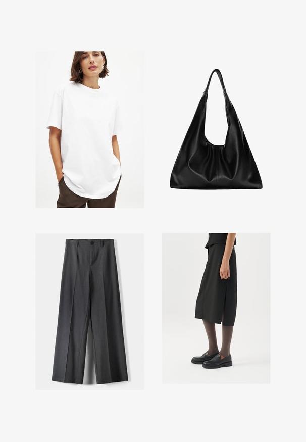 Szary sweter typu golf wykonaný z miękkiej, teksturowanej dzianiny. Posiada długie rękawy oraz luźny, pudełkowy kształt z ribbowanym dołem i mankietami.; Biała bawełniana koszulka z okrągłym dekoltem, krótkimi rękawami i luźnym fasonem. Posiada gładką fakturę i zaokrąglony dół.; Spodnie o szerokich nogawkach w ciemnoszarym kolorze, z zapięciem na guzik, plisami z przodu i szlufkami na pasek. Gładka faktura z dopasowanym krojem.; Czarna spódnica do kolan z bocznym rozcięciem, połączona z czarnymi mokasynami i przezroczystymi brązowymi rajstopami, charakteryzująca się gładkim materiałem i prostym wzorem.; Czarna skórzana torba hobo o miękkim, zaokrąglonym kształcie. Ma szeroki uchwyt na górze i zgromadzenia u podstawy, co nadaje jej luźny wygląd.