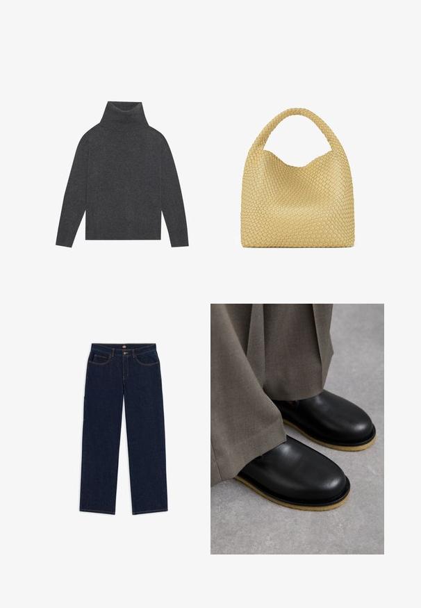 Suéter de cuello alto gris hecho de una suave tricotada texturizada. Presenta mangas largas y una forma relajada y cuadrada con un dobladillo y puños acanalados.; Pantalones vaqueros de mezclilla azul oscuro con corte recto, cinco bolsillos y costuras en contraste de color naranja. La cinturilla incluye un botón de metal y una cremallera.; Zapatos de cuero negro con punta redonda, suela plana y suela exterior de color marrón claro en contraste, combinados con pantalones grises holgados.; Bolso de mano amarillo tejido con un asa superior curvada y una forma no estructurada. La superficie texturizada presenta un patrón de cruzado en toda su extensión.