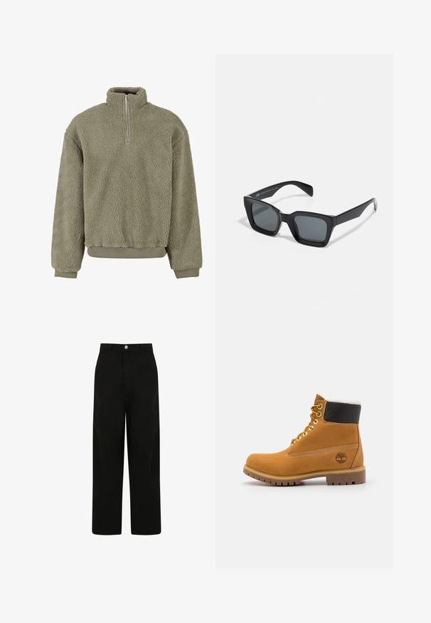 Olivza zaļas fleeces džemperis ar pus-zips. Strukturēta ārpuse un riboti piedurkņu gali un apakša. Brīvs piegriezums nodrošina komfortu.; Melni, platleņķa bikses, izgatavotas no kokvilnas. Iezīmē priekšējo pogu aizdari, divas sānu kabatas un brīva piegriezuma dizains.; Brūni ādas potītes zābaki ar metāla acīm, balto kažokādu oderi, melnu mīkstinātu apkakli, izturīgu zoli un iegravētu logo sānos.; Melni taisnstūra saulesbrilles ar tumšiem stikliem. Plastmasas rāmis ar spīdīgu apdari, ar plašu tiltu un nedaudz sašaurinātām kājiņām.