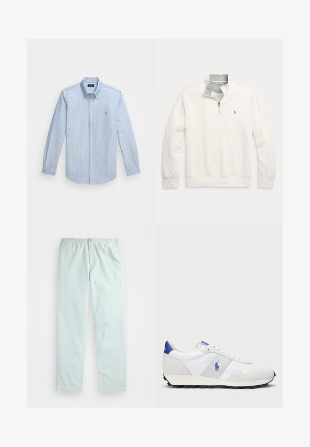 Quarter-zip hettegenser i off-white bomullsblanding, med grå kragefôr, diskret logo-broderi, ribbestrikkede mansjetter og kant.; Lys blå knapp-up skjorte med tynne hvite striper, laget av bomull. Har en sprettkrage og en liten brodert logo på brystet.; Lyseblå, avslappede bukser med elastisk linning, med sidelommer og en enkelt knappelukking foran.; Hvit trening sneaker med grå semsket skinn-accents, mesh-overdel, blå hælflik og svart gummi såle. Har snøring og logo.