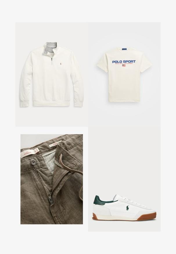 Sweatshirt à col zippé en coton mélangé blanc cassé, avec doublure de col grise, broderie de logo discrète, et bords côtelés.; T-shirt en coton blanc avec l'inscription "POLO SPORT" en imprimé bleu et rouge, accompagnée d'une petite icône de drapeau américain sous le texte. Manches courtes, col rond.; Pantalons en lin marron avec fermeture éclair à l'avant, bouton de fermeture et doublure intérieure rayée. Comprend des détails de couture et des étiquettes.; Baskets blanches avec des accents en cuir vert et une semelle en caoutchouc beige. Présente un corps en tissu et un logo bien visible sur le côté. Design à lacets.