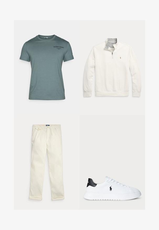 Quarter-zip sweatshirt in off-white cotton blend, features grey collar lining, subtle logo embroidery, ribbed cuffs, and hem.; Light green cotton t-shirt with a round neckline, short sleeves, and black printed text on the chest. Simple design, smooth texture.; Cream-colored corduroy pants with pleats, side pockets, buttoned flap pocket, and folded cuffs, laid flat on a white background.; White low-top sneaker with black heel tab and black Polo Ralph Lauren logo on side, featuring white laces and thick rubber sole.