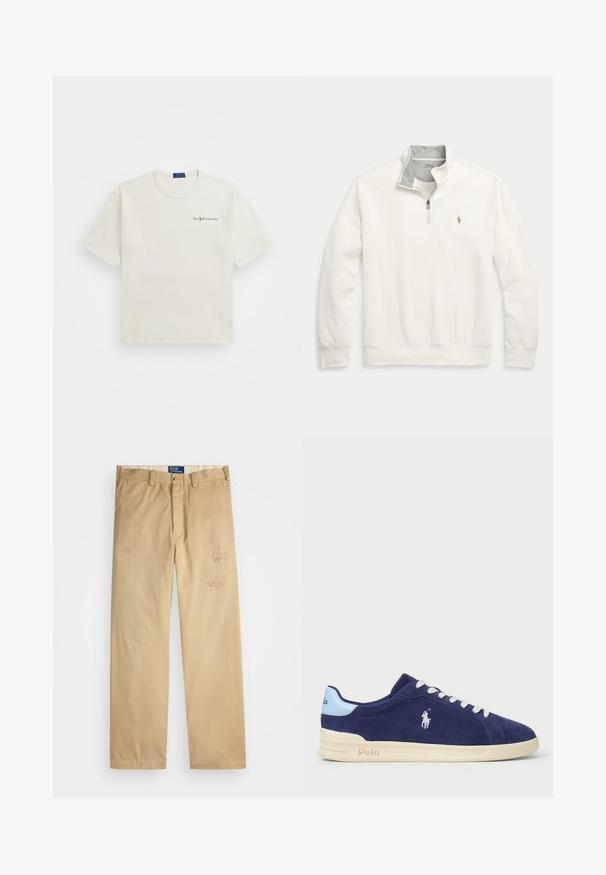 Quarter-zip hettegenser i off-white bomullsblanding, med grå kragefôr, diskret logo-broderi, ribbestrikkede mansjetter og kant.; Polo Ralph Lauren RELAXED FIT LOGO JERSEY T-SHIRT - T-shirts - clubhouse cream; Beige bomullsbukser med rett snitt. Har slitte lapper og broderte detaljer foran. Klassisk knapp- og glidelås-lukking.; Navyblå antiskinn-sneakers med hvite skolisser og en kremfarget gummisåle. Har en lys blå aksent og en liten brodert logo på siden.