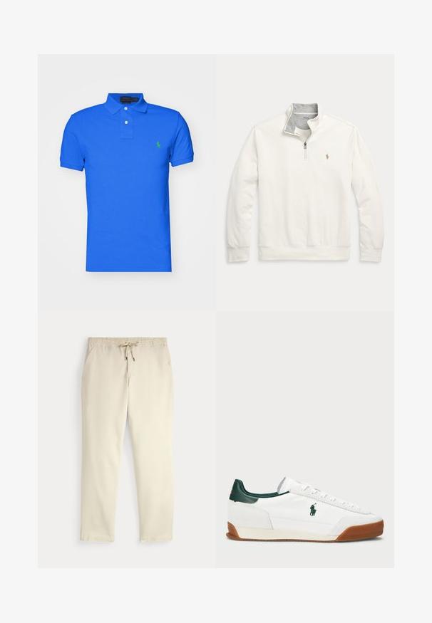 Quarter-zip hettegenser i off-white bomullsblanding, med grå kragefôr, diskret logo-broderi, ribbestrikkede mansjetter og kant.; Blå polo skjorte laget av bomull, med klassisk krage, to knapper, og en grønn logo aksent på venstre brystområde. Korte ermer.; Off-white kosebukser med elastisk midje og snor, rette ben og sidelommer mot en ensfarget bakgrunn.; Hvite sneakers med grønne lærdetaljer og en tan gummisåle. Har en stoffoverdel og en fremtredende logo på siden. Snøring.