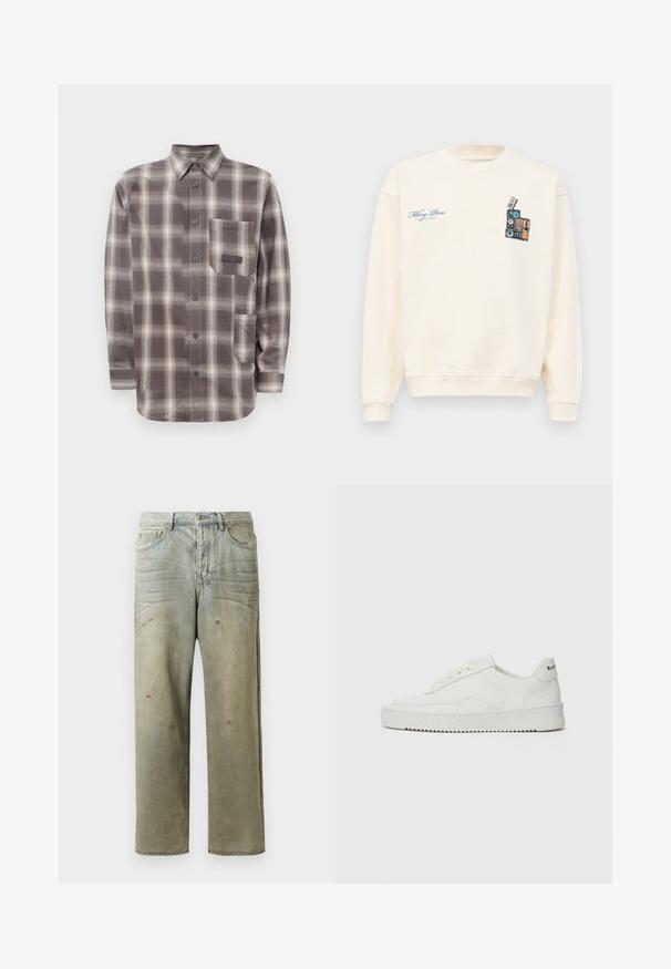 Felpa crewneck color crema con la scritta blu "Filling Pieces" sul petto sinistro e un'immagine di altoparlanti vintage impilati sul petto destro.; Camicia a maniche lunghe a quadri marrone e beige con due tasche frontali e colletto a punta.; Jeans in denim strappato di colore verde chiaro, con gamba dritta, design a cinque tasche, sbiaditure irregolari e schizzi di vernice.; Sneaker in pelle bianca con una finitura liscia, punta rotonda, lacci piatti e suola testurizzata. Presenta un logo discreto sul tallone.