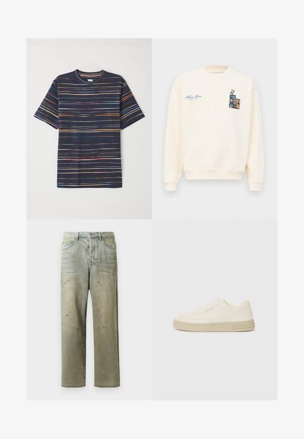 Kermanvärinen crewneck-huppari, jossa on sininen teksti "Filling Pieces" vasemmassa rinnassa ja graafinen kuva pinotusta vintage-kaiuttimesta oikeassa rinnassa.; Laivastonsininen lyhythihainen t-paita, jossa on vaakasuoria raitoja eri väreissä, pyöreä pääntie, pehmeä kangas ja rento istuvuus.; Vaaleanvihreät kulutetut farkut suoran lahkeen, viiden taskun muotoilun ja epätasaisen haalistumisen sekä maalikohoumiin kanssa.; Valkoiset kangastennarit, joissa on tekstuurilla varustettu kumipohja, ommeltu varvastuppi ja logo-aksentti kantapäässä. Yksinkertainen nauhakiinnitys.