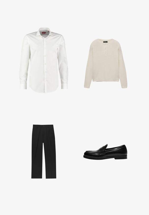Langærmet trøje med rund hals i lys beige, med tre-knaps lukning, ribbede manchetter og lige fald, lavet af blødt, struktureret stof.; Hvid langærmet skjorte med knapper lavet af glat bomuldsstof. Har en klassisk krave, ren frontplacket og knapmanschetter.; Sorte bukser med lige ben, lavet af et glat stof. Har frontfolder og en enkelt knaplukning i taljen.; Sorte læder loafers med en glat overflade, der har en syning detalje på vampen og en lav, solid sort gummisål.