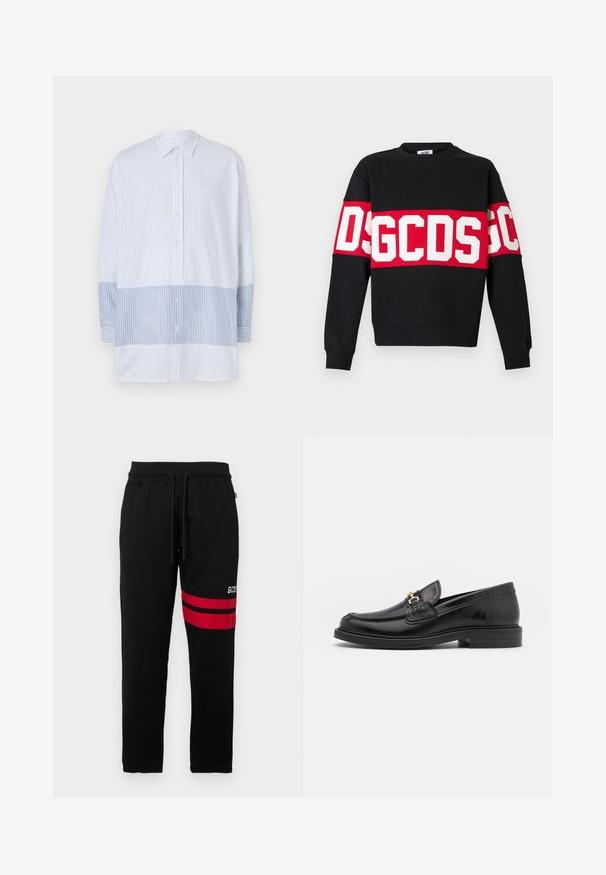 Črna športna majica z širokim rdečim pasom in velikimi belimi črkami "DSGDCS" čez prsa. Klasičen kroj s krožnim izrezom in rebrastimi manšettami.; SVETLO MODRA SRAZNA SRAZNA SRAZNA SRAZNA, Z VERTIKALNIMI ČRTAMI, KI IMA NASPROTNE HORIZONTALNE ČRTE NA DNU IN DOLGE ROKE.; Črne trenirke s kontrastnimi rdečimi črtami in logotipom na strani. Imajo elastičen pas z vrvico in zožene manšete pri gležnjih.; Črne usnjene loafers čevlje z zaobljenim prstom, ki imajo zlat nakit in podrobnosti šivanja, postavljene na nizko, teksturirano gumijasto podplat.