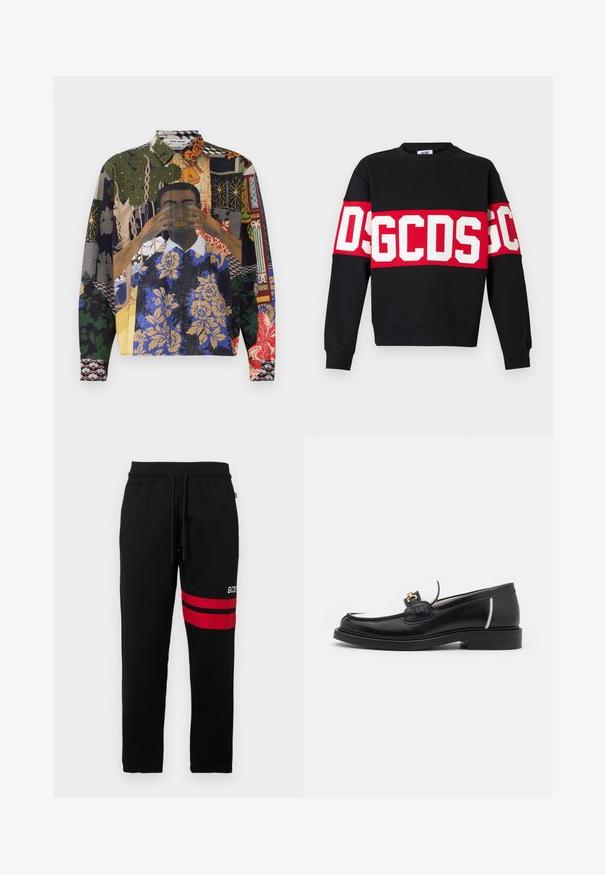 Black sweatshirt featuring a wide red band with large white letters "DSGDCS" across the chest. Classic crew neck and ribbed cuffs.; Multicolored button-up shirt featuring a collage of patterns, including floral, geometric, and illustrated motifs on a textured fabric.; Black sweatpants with contrast red stripes and logo on the side. Features an elastic waistband with drawstring and tapered ankle cuffs.; Black leather loafer with a rounded toe, white accents, and gold hardware on the vamp. Features a textured patch and stacked heel.