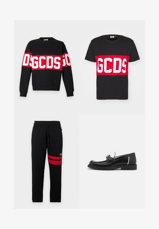 Black sweatshirt featuring a wide red band with large white letters "DSGDCS" across the chest. Classic crew neck and ribbed cuffs.; GCDS BAND LOGO REGULAR - Print T-shirt - black; Black sweatpants with contrast red stripes and logo on the side. Features an elastic waistband with drawstring and tapered ankle cuffs.; Black leather loafer with a rounded toe, white accents, and gold hardware on the vamp. Features a textured patch and stacked heel.