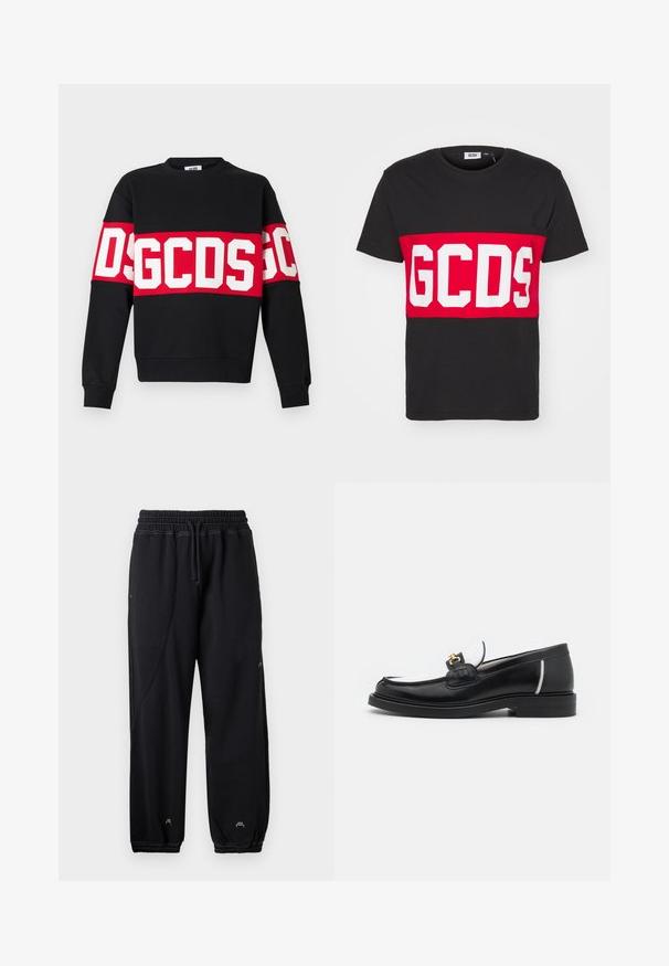 Svart genser med en bred rød stripe med store hvite bokstaver "DSGDCS" over brystet. Klassisk rund hals og ribbede mansjetter.; GCDS BAND LOGO REGULAR - T-shirts med print - black; Sorte joggebukser med elastisk midjebånd og snor. Har sidelommer og elastiske mansjetter, laget av et mykt stoff.; Sorte læder loafersko med rund tå, hvide accenter og guldfarvet hardware på vampen. Har en tekstureret lap og stablet hæl.