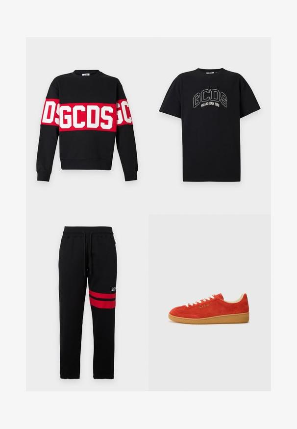 Black sweatshirt featuring a wide red band with large white letters "DSGDCS" across the chest. Classic crew neck and ribbed cuffs.; Black cotton t-shirt with short sleeves. Features white GCDS logo and "MILANO ITALY 1988" text in an arch. Standard fit and crew neck.; Black sweatpants with contrast red stripes and logo on the side. Features an elastic waistband with drawstring and tapered ankle cuffs.; Red suede sneaker with white laces, tan rubber sole, and gold branding on the side. Rounded toe and low-profile design.