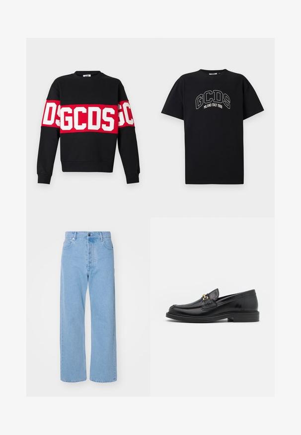 Černá mikina s širokým červeným pruhem a velkými bílými písmeny "DSGDCS" přes hruď. Klasický kulatý výstřih a žebrované manžety.; Černé bavlněné tričko s krátkým rukávem. Obsahuje bílé logo GCDS a text "MILANO ITALY 1988" v oblouku. Standardní střih a kulatý výstřih.; Světle modré denimové kalhoty s širokými nohavicemi a vysokým pasem, pěti kapsami, předním zapínáním na knoflík a minimalistickým designem.; Černé kožené mokasíny s zaoblenou špičkou, vyznačující se zlatými kovovými detaily a prošíváním, umístěné na nízké, texturované gumové podrážce.