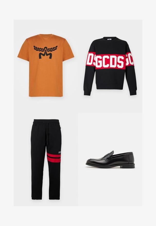 Crna trenirka s širokim crvenim trakama na prsima s velikim bijelim slovima "DSGDCS". Klasični okrugli izrez i rebrasti manžeti.; Narančasta pamučna majica s kratkim rukavima koja na prednjoj strani ima veliki crni grafički dizajn apstraktne figure s krilima. Okrugli ovratnik.; Crne trenirke s kontrastnim crvenim prugama i logom sa strane. Imaju elastičnu struk i vezicu te su sužene na gležnju.; Crni kožni mokasini s glatkom teksturom, zaobljenim prstima i ukrasnom trakom preko prednjeg dijela. Niski slojeviti potplat, minimalistički dizajn.