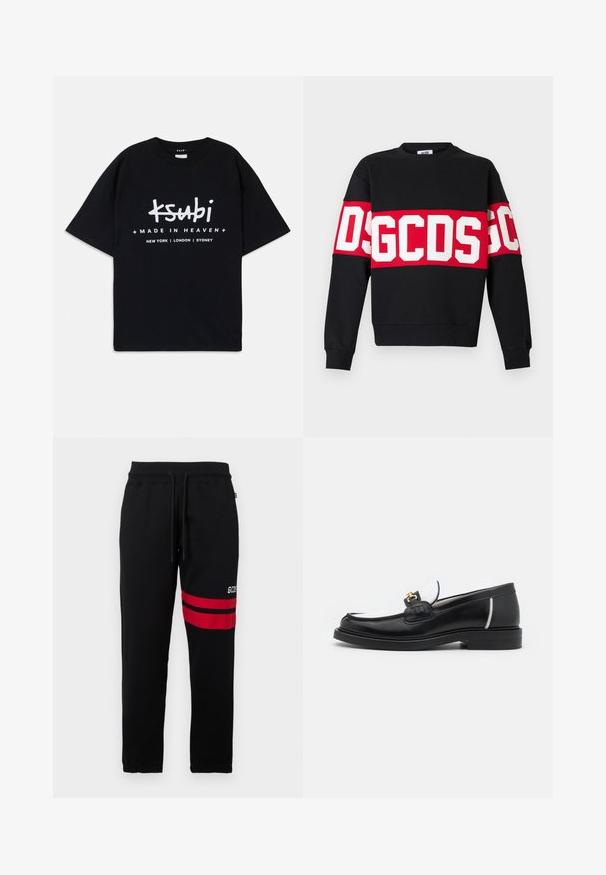 Black sweatshirt featuring a wide red band with large white letters "DSGDCS" across the chest. Classic crew neck and ribbed cuffs.; Black cotton t-shirt with a relaxed fit. Features white graphic text "ksubi" and "MADE IN HEAVEN" with city names below. Classic crew neck design.; Black sweatpants with contrast red stripes and logo on the side. Features an elastic waistband with drawstring and tapered ankle cuffs.; Black leather loafer with a rounded toe, white accents, and gold hardware on the vamp. Features a textured patch and stacked heel.