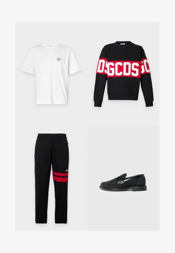 Zwarte sweatshirt met een brede rode band en grote witte letters "DSGDCS" op de borst. Klassieke ronde hals en geribbelde manchetten.; Witte t-shirt van katoen met korte mouwen, een ronde hals, en een klein grijs logo op de linker borstzijde. Soepele textuur.; Zwarte sweatpants met contrasterende rode strepen en logo aan de zijkant. Beschikt over een elastische tailleband met trekkoord en taps toelopende enkelboorden.; Zwartegeweven instap schoenen met een glad leren accent aan de bovenkant, een ronde neusontwerp en een laag profiel rubberen zool.