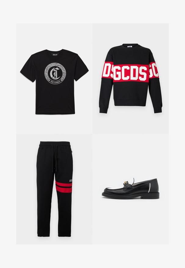 Hanorac negru cu o bandă roșie lată, pe care se află litere mari albe "DSGDCS" pe piept. Guler clasic rotund și manșete cu zimți.; Tricou negru cu mânecă scurtă, având un design circular cu un șarpe argintiu care înconjoară o literă gotică "J" și textul "Just Cavalli" în partea de jos.; Pantaloni de trening negri cu dungi roșii contrastante și logo pe lateral. Au un talie elastică cu șnur și mansete cu strângere la gambă.; Mocasin din piele neagră cu vârful rotund, accente albe și detalii din aur pe partea superioară. Prezintă o pată texturată și un toc stratificat.