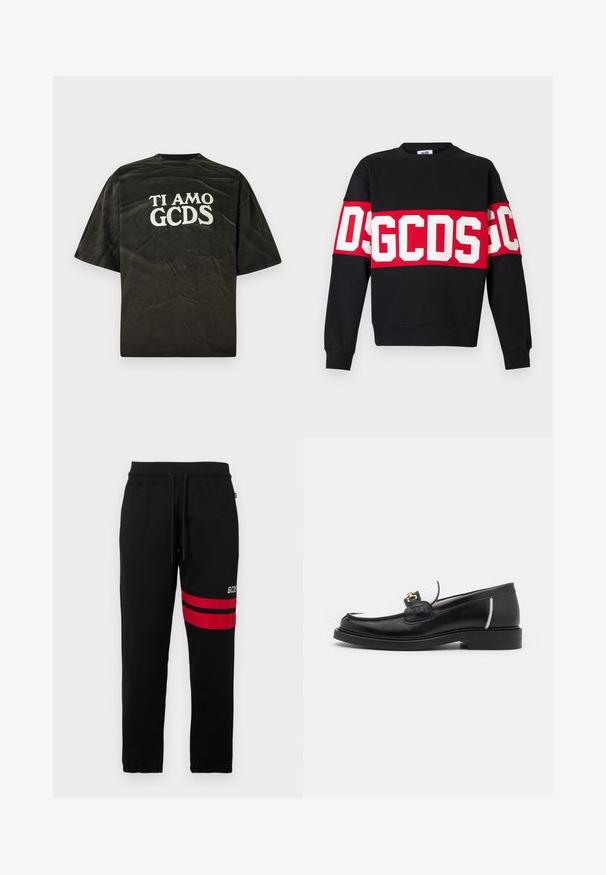 Black sweatshirt featuring a wide red band with large white letters "DSGDCS" across the chest. Classic crew neck and ribbed cuffs.; Black short-sleeve T-shirt with a relaxed fit, featuring a white graphic text "TI AMO GCDS" on the back. Distressed texture.; Black sweatpants with contrast red stripes and logo on the side. Features an elastic waistband with drawstring and tapered ankle cuffs.; Black leather loafer with a rounded toe, white accents, and gold hardware on the vamp. Features a textured patch and stacked heel.