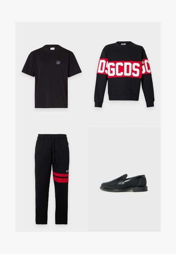 Hanorac negru cu o bandă roșie lată, pe care se află litere mari albe "DSGDCS" pe piept. Guler clasic rotund și manșete cu zimți.; Tricou din bumbac negru cu guler rotund și mâneci scurte. Prezintă un mic logo albastru pe partea stângă a pieptului. Design simplu, cu tăietură dreaptă.; Pantaloni de trening negri cu dungi roșii contrastante și logo pe lateral. Au un talie elastică cu șnur și mansete cu strângere la gambă.; Pantofii negri din material textil, cu accent din piele netedă pe partea superioară, design cu vârf rotund și talpă din cauciuc de profil redus.