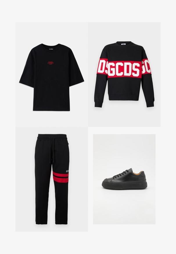 Hanorac negru cu o bandă roșie lată, pe care se află litere mari albe "DSGDCS" pe piept. Guler clasic rotund și manșete cu zimți.; Tricou din bumbac negru, cu mâneci scurte și guler rotund. Prezintă un grafic roșu cu inscripția "SNAKE CHARMER" pe piept.; Pantaloni de trening negri cu dungi roșii contrastante și logo pe lateral. Au un talie elastică cu șnur și mansete cu strângere la gambă.; Tenis de piele neagră cu vârf rotund, cu șireturi pe față, textură netedă, talpă groasă din cauciuc și interior contrastant de culoare bej.