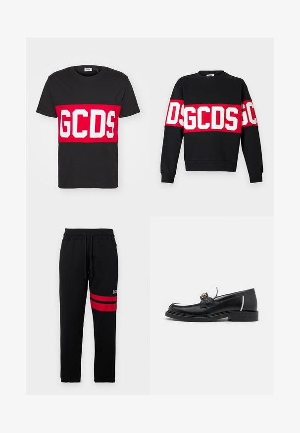Black sweatshirt featuring a wide red band with large white letters "DSGDCS" across the chest. Classic crew neck and ribbed cuffs.; GCDS BAND LOGO REGULAR - Print T-shirt - black; Black sweatpants with contrast red stripes and logo on the side. Features an elastic waistband with drawstring and tapered ankle cuffs.; Black leather loafer with a rounded toe, white accents, and gold hardware on the vamp. Features a textured patch and stacked heel.