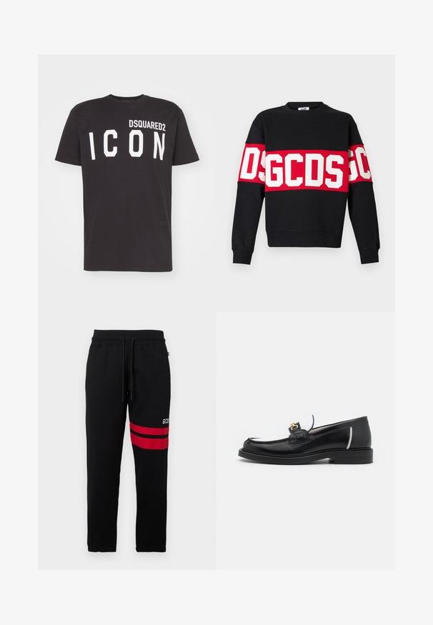 Sweatshirt noir avec une large bande rouge et de grandes lettres blanches "DSGDCS" sur la poitrine. Col ras du cou classique et poignets côtelés.; T-shirt en coton noir avec col rond et manches courtes, portant "DSQUARED2 ICON" imprimé en grandes lettres blanches à l'avant.; Pantalons de survêtement noirs avec des rayures rouges contrastantes et un logo sur le côté. Comprend une taille élastique avec cordon de serrage et des poignets ajustés.; Mocassin en cuir noir avec un bout arrondi, des accents blancs et des détails en or sur le dessus. Présente un empiècement texturé et un talon empilé.