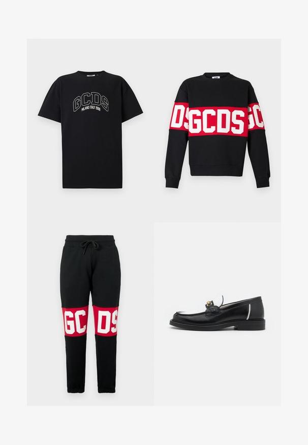 Černá mikina s širokým červeným pruhem a velkými bílými písmeny "DSGDCS" přes hruď. Klasický kulatý výstřih a žebrované manžety.; Černé bavlněné tričko s krátkým rukávem. Obsahuje bílé logo GCDS a text "MILANO ITALY 1988" v oblouku. Standardní střih a kulatý výstřih.; Černé tepláky s červenými kolenními nášivkami, na kterých jsou velká bílá písmena "GCDS", elastický pas se šňůrkou a zúžené elastické manžety.; Černé kožené mokasíny s kulatou špičkou, bílými akcenty a zlatými detaily na nártu. Mají strukturovanou nášivku a vrstvený podpatek.