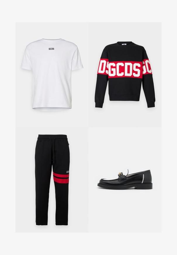 Sweatshirt preto com uma ampla faixa vermelha onde se lê em letras grandes e brancas "DSGDCS" no peito. Gola redonda clássica e punhos com canelura.; T-shirt de algodão branco com mangas curtas, apresentando um decote redondo e o logótipo "GCDS" impresso em preto nas costas. Design simples e despretensioso.; Calças de fato de treino pretas com riscas vermelhas em contraste e logótipo na lateral. Apresenta uma cinta elástica com cordão e punhos de tornozelo ajustados.; Sapatilha de couro preta com bico arredondado, detalhes brancos e ferragens douradas no peito do pé. Apresenta um patch texturizado e um salto empilhado.