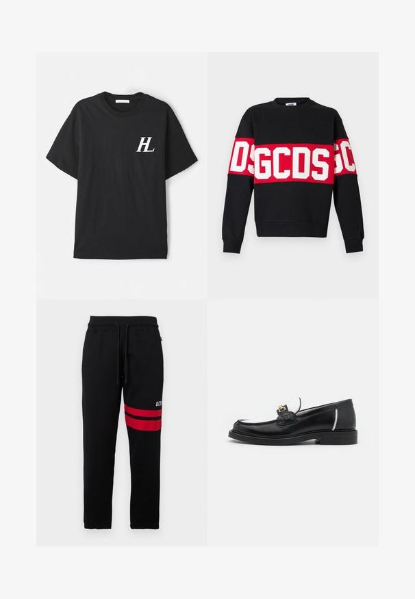 Black sweatshirt featuring a wide red band with large white letters "DSGDCS" across the chest. Classic crew neck and ribbed cuffs.; Black cotton T-shirt with short sleeves, featuring a white "HL" logo on the left chest. Regular fit, smooth texture, and classic crew neck design.; Black sweatpants with contrast red stripes and logo on the side. Features an elastic waistband with drawstring and tapered ankle cuffs.; Black leather loafer with a rounded toe, white accents, and gold hardware on the vamp. Features a textured patch and stacked heel.