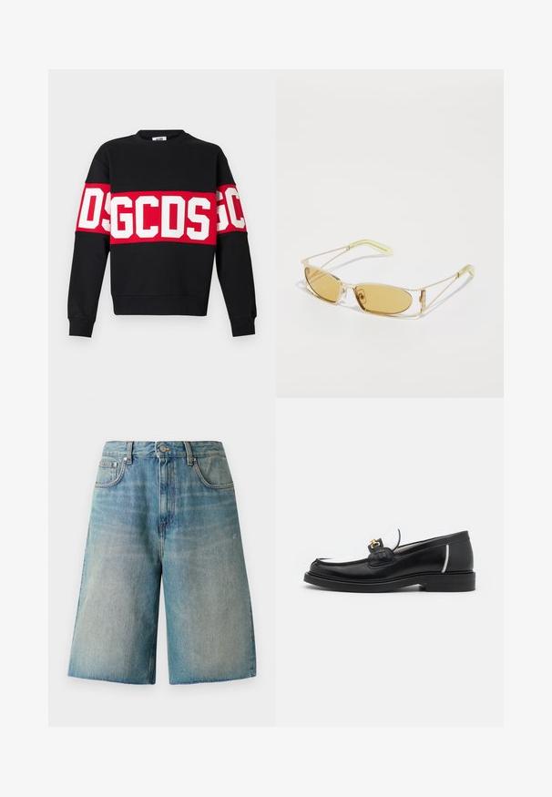 Black sweatshirt featuring a wide red band with large white letters "DSGDCS" across the chest. Classic crew neck and ribbed cuffs.; Light blue denim shorts with a straight cut, high waist, and frayed hem. Features five pockets and a button closure at the front.; Black leather loafer with a rounded toe, white accents, and gold hardware on the vamp. Features a textured patch and stacked heel.; Yellow-tinted sunglasses with a translucent gold frame, slim rectangular shape, and angular arms with light green accents.